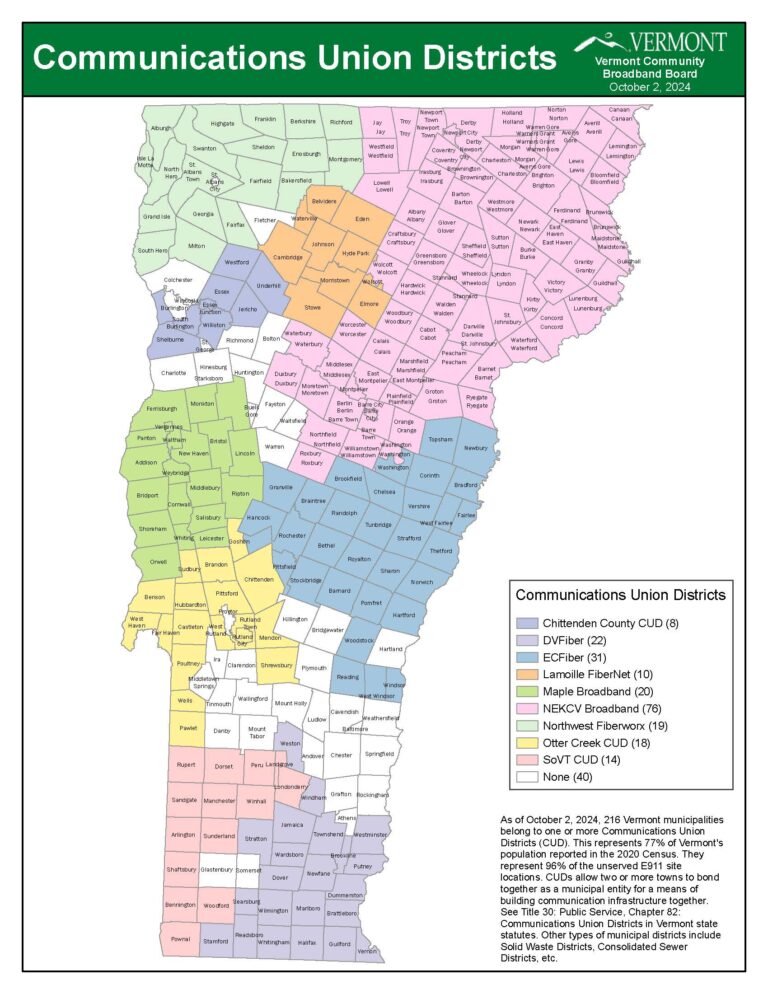 Map of Vermont showing Communications Union District boundaries by town, with municipalities color-coded by CUD membership as of October 2024.